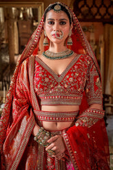 Orange and Pink Silk Heavy Worked Bridal Lehenga